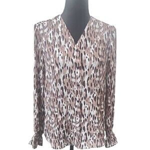 T Tahari Polka Dot Button Front Tunic Blouse Womens XS Long Sleeve Elastic Cuffs